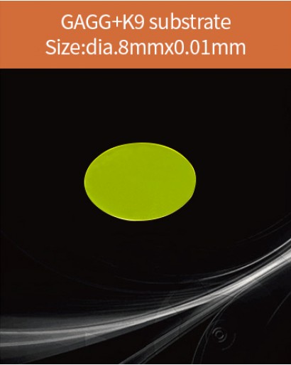 GAGG Ce scintillation crystal, GAGG Ce crystal, GAGG scintillator, Ce:Gd3Al2Ga3O12 crystal, dia.8x0.01mm with substrate